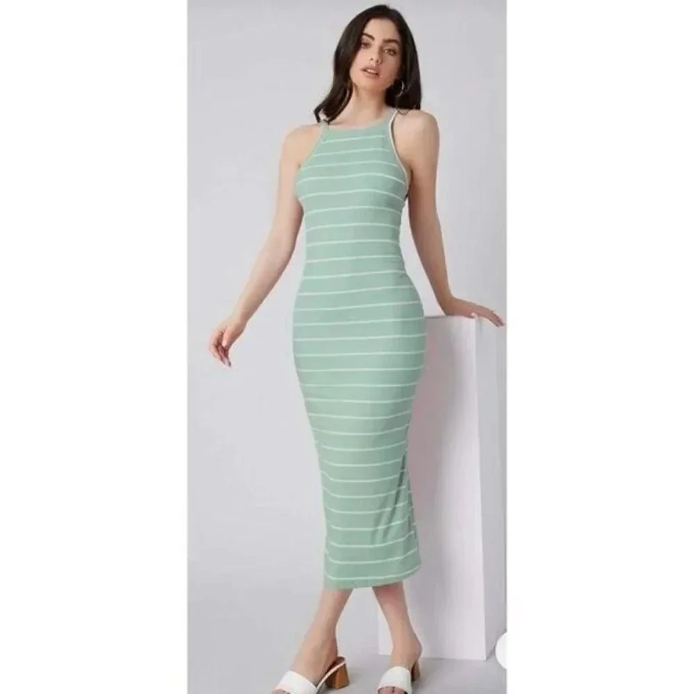 Boutique Mint Green Ribbed Striped Midi Bodycon Dress L